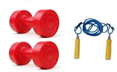 

YUKI RED COLOR 4KG VINYL PLASTIC DUMBELL AND BLUE COLOR WOODEN HANDLE SKIPPING ROPE Gym & Fitness Kit