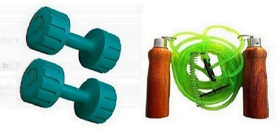 

FACTO POWER GREEN COLOR 4KG VINYL PLASTIC DUMBELL AND BLUE COLOR WOODEN HANDLE SKIPPING ROPE Gym & Fitness Kit