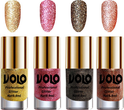 

Volo Professionally Used Glitter Shine Nail Polish Combo Pack of 4 Golden Glitter, Pink Glitter, Dark Grey Glitter, Peach Glitter(Pack of 4)