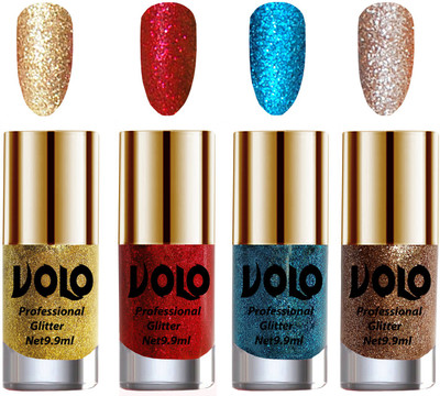 

Volo Professionally Used Glitter Shine Nail Polish Combo Pack of 4 Golden Glitter, Red Glitter, Sky Blue Glitter, Light Golden Glitter(Pack of 4)