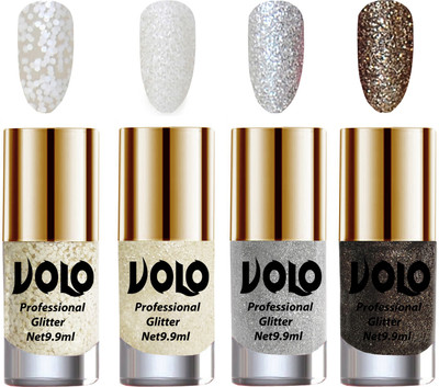 

Volo Professionally Used Glitter Shine Nail Polish Combo Pack of 4 White Nail Art And Glitter, White Nail Art And Glitter, Silver Glitter, Dark Grey Glitter(Pack of 4)