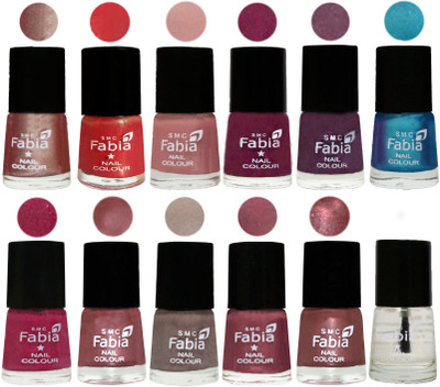 

Fabia Premium Collection 12 Piece Color Nail Polish Shades Light Nude-Red Orange-Shrimp Pastell-Cherry Blossom-Light Jam-Denim-Hot Magenta-Lip-Light Beige-Dusty Pink-Dark Red Chrome-Top Coat(Pack of 12)