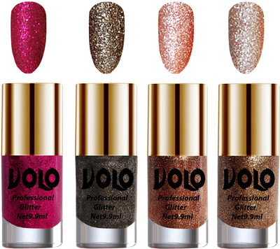 

Volo Professionally Used Glitter Shine Nail Polish Combo Pack of 4 Magenta Glitter, Dark Grey Glitter, Peach Glitter, Light Golden Glitter(Pack of 4)