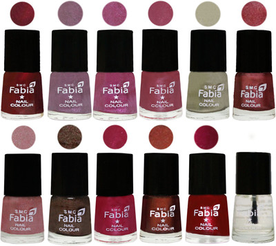 

Fabia Premium Collection 12 Piece Color Nail Polish Shades Maroon-Light Violet-Rani-Pink Maroonish-Oyster-Nude Pink-Light pink-Dark Brown-Cherry Pink-Berry-Dark Magenta-Top Coat(Pack of 12)