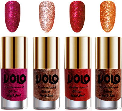 

Volo Professionally Used Glitter Shine Nail Polish Combo Pack of 4 Magenta Glitter, Peach Glitter, Red Glitter, Light Orange Glitter(Pack of 4)