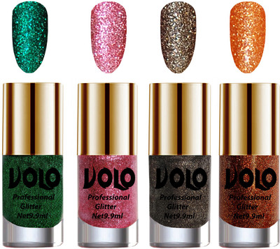 

Volo Professionally Used Glitter Shine Nail Polish Combo Pack of 4 Dark Green Glitter, Pink Glitter, Dark Grey Glitter, Light Orange Glitter(Pack of 4)