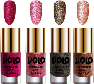 

Volo Professionally Used Glitter Shine Nail Polish Combo Pack of 4 Magenta Glitter, Pink Glitter, Dark Grey Glitter, Peach Glitter(Pack of 4)