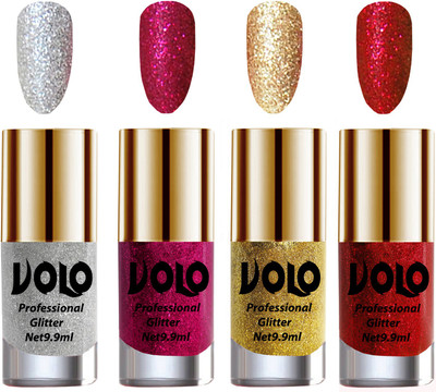 

Volo Professionally Used Glitter Shine Nail Polish Combo Pack of 4 Silver Glitter, Magenta Glitter, Golden Glitter, Red Glitter(Pack of 4)