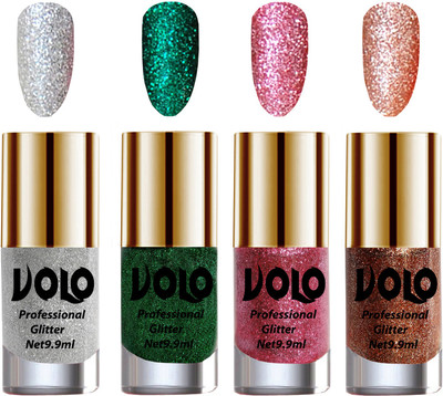 

Volo Professionally Used Glitter Shine Nail Polish Combo Pack of 4 Silver Glitter, Dark Green Glitter, Pink Glitter, Peach Glitter(Pack of 4)