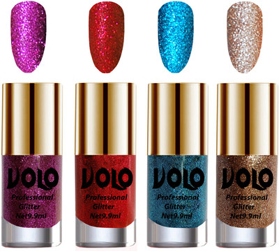 

Volo Professionally Used Glitter Shine Nail Polish Combo Pack of 4 Purple Glitter, Red Glitter, Sky Blue Glitter, Light Golden Glitter(Pack of 4)