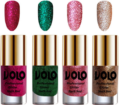 

Volo Professionally Used Glitter Shine Nail Polish Combo Pack of 4 Magenta Glitter, Dark Green Glitter, Pink Glitter, Light Golden Glitter(Pack of 4)