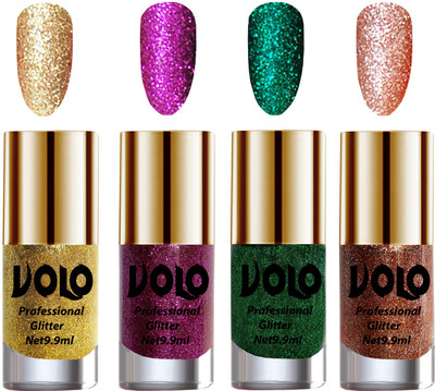 

Volo Professionally Used Glitter Shine Nail Polish Combo Pack of 4 Golden Glitter, Purple Glitter, Dark Green Glitter, Peach Glitter(Pack of 4)
