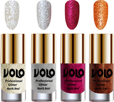 

Volo Professionally Used Glitter Shine Nail Polish Combo Pack of 4 White Nail Art And Glitter, Silver Glitter, Magenta Glitter, Light Orange Glitter(Pack of 4)