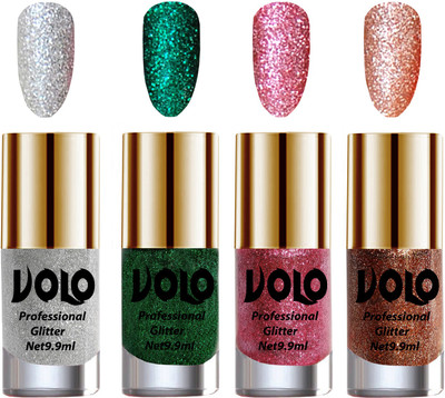 

Volo Professionally Used Glitter Shine Nail Polish Combo Pack of 4 Silver Glitter, Dark Green Glitter, Pink Glitter, Red Glitter(Pack of 4)