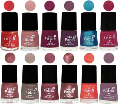 

Fabia Premium Shine & Glossy Nail Polish Collection Shades (12 Pcs Combo) Red Orange-Shrimp Pastell-Cherry Blossom-Light Jam-Denim-Hot Magenta-Lip-Light Beige-Dusty Pink-Dark Red Chrome-Peach-Light Violet(Pack of 12)