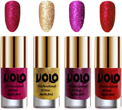 

Volo Professionally Used Glitter Shine Nail Polish Combo Pack of 4 Magenta Glitter, Golden Glitter, Purple Glitter, Red Glitter(Pack of 4)