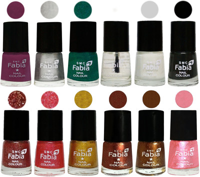 

Fabia Premium Lacquer Extra Shine Nail Polish Shades Of (12 Pcs Nail Polish) Light purple-Silver-Green-Top Coat-White-Black-Jerry Wine-Jerry Pink-Jerry Golden-Light Jerry Coffee-Dark Golden-Jerry Peach(Pack of 12)