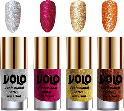 

Volo Professionally Used Glitter Shine Nail Polish Combo Pack of 4 Silver Glitter, Magenta Glitter, Golden Glitter, Light Orange Glitter(Pack of 4)
