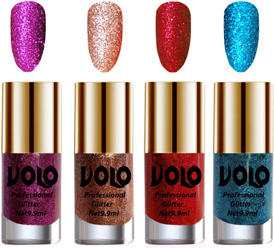 

Volo Professionally Used Glitter Shine Nail Polish Combo Pack of 4 Purple Glitter, Peach Glitter, Red Glitter, Sky Blue Glitter(Pack of 4)