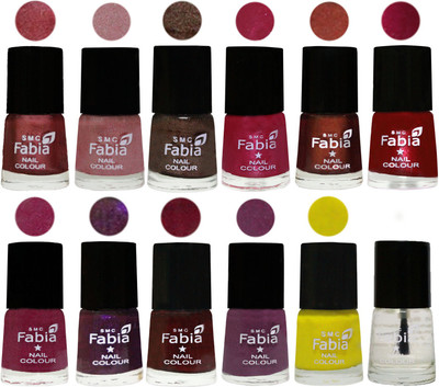 

Fabia Premium Collection 12 Piece Color Nail Polish Shades Nude Pink-Light pink-Dark Brown-Cherry Pink-Berry-Dark Magenta-Rose Pink-Dark Purple-Royal Red-Brinjal Purple-Yellow-Top Coat(Pack of 12)