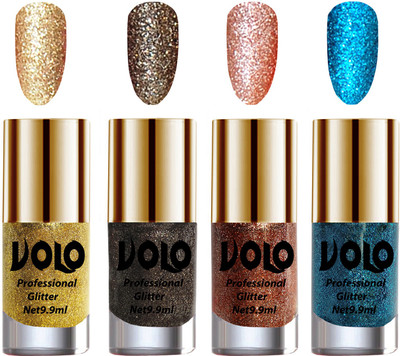 

Volo Professionally Used Glitter Shine Nail Polish Combo Pack of 4 Golden Glitter, Dark Grey Glitter, Peach Glitter, Sky Blue Glitter(Pack of 4)