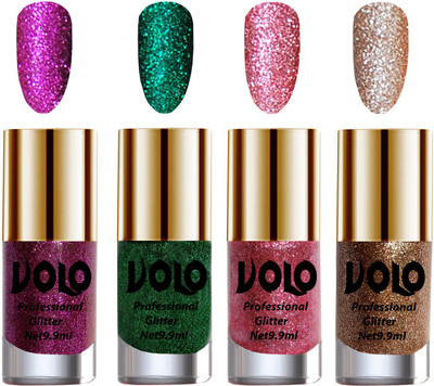

Volo Professionally Used Glitter Shine Nail Polish Combo Pack of 4 Purple Glitter, Dark Green Glitter, Pink Glitter, Light Golden Glitter(Pack of 4)