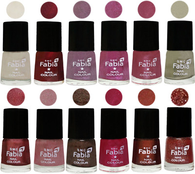 

Fabia Premium Collection 12 Piece Color Nail Polish Shades Light Cream-Maroon-Light Violet-Rani-Pink Maroonish-Oyster-Nude Pink-Light pink-Dark Brown-Cherry Pink-Berry-Jerry Wine(Pack of 12)