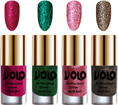 

Volo Professionally Used Glitter Shine Nail Polish Combo Pack of 4 Magenta Glitter, Dark Green Glitter, Pink Glitter, Dark Grey Glitter(Pack of 4)
