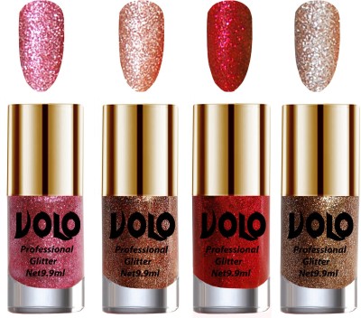Volo Professionally Used Glitter Shine Nail Polish Combo Pack of 4 Combo-No-318 Pink Glitter, Light Golden Glitter, Peach Glitter, Red Glitter(Pack of 4)