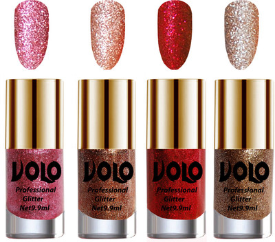 

Volo Professionally Used Glitter Shine Nail Polish Combo Pack of 4 Pink Glitter, Peach Glitter, Red Glitter, Light Golden Glitter(Pack of 4)