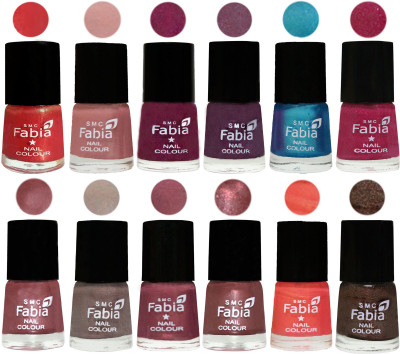 

Fabia Premium Shine & Glossy Nail Polish Collection Shades (12 Pcs Combo) Red Orange-Shrimp Pastell-Cherry Blossom-Light Jam-Denim-Hot Magenta-Lip-Light Beige-Dusty Pink-Dark Red Chrome-Peach-Dark Brown(Pack of 12)