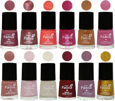 

Fabia Premium Shine & Glossy Nail Polish Collection Shades (12 Pcs Combo) Dusty Pink-Dark Red Chrome-Peach-Light Magenta-Golden -Light Plum-Nude-Lychee-Light Cream-Maroon-Light Violet-Jerry Golden(Pack of 12)