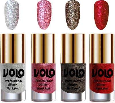 Volo Professionally Used Glitter Shine Nail Polish Combo Pack of 4 Combo-No-209 Pink Glitter, Dark Grey Glitter, Silver Glitter, Red Glitter(Pack of 4)