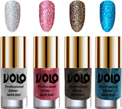 

Volo Professionally Used Glitter Shine Nail Polish Combo Pack of 4 Silver Glitter, Pink Glitter, Dark Grey Glitter, Sky Blue Glitter(Pack of 4)