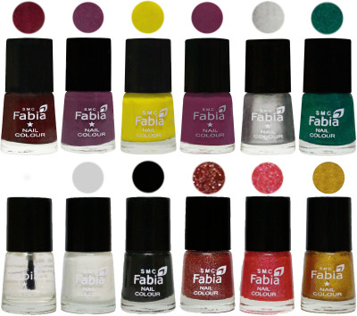 

Fabia Premium Lacquer Extra Shine Nail Polish Shades Of (12 Pcs Nail Polish) Royal Red-Brinjal Purple-Yellow-Light purple-Silver-Green-Top Coat-White-Black-Jerry Wine-Jerry Pink-Jerry Golden(Pack of 12)