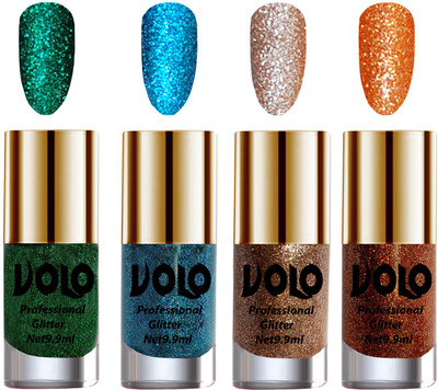 

Volo Professionally Used Glitter Shine Nail Polish Combo Pack of 4 Dark Green Glitter, Sky Blue Glitter, Light Golden Glitter, Light Orange Glitter(Pack of 4)