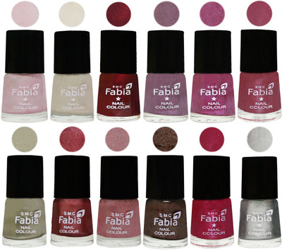 

Fabia Premium Collection 12 Piece Color Nail Polish Shades Lychee-Light Cream-Maroon-Light Violet-Rani-Pink Maroonish-Oyster-Nude Pink-Light pink-Dark Brown-Cherry Pink-Silver(Pack of 12)