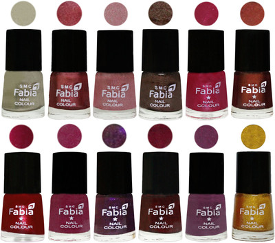 

Fabia Premium Lacquer Extra Shine Nail Polish Shades Of (12 Pcs Nail Polish) Oyster-Nude Pink-Light pink-Dark Brown-Cherry Pink-Berry-Dark Magenta-Rose Pink-Dark Purple-Royal Red-Brinjal Purple-Jerry Golden(Pack of 12)
