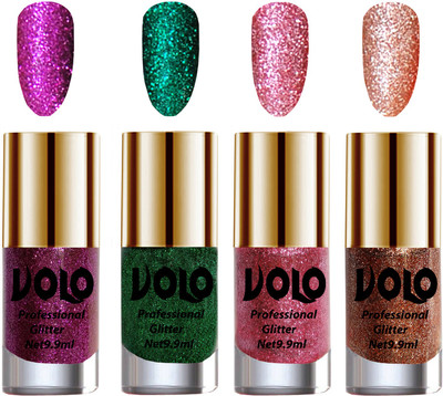 

Volo Professionally Used Glitter Shine Nail Polish Combo Pack of 4 Purple Glitter, Dark Green Glitter, Pink Glitter, Peach Glitter(Pack of 4)