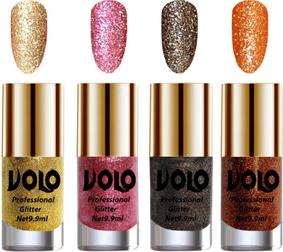 

Volo Professionally Used Glitter Shine Nail Polish Combo Pack of 4 Golden Glitter, Pink Glitter, Dark Grey Glitter, Light Orange Glitter(Pack of 4)