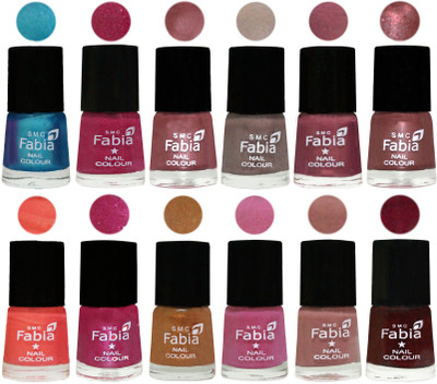 

Fabia Premium Collection 12 Piece Color Nail Polish Shades Denim-Hot Magenta-Lip-Light Beige-Dusty Pink-Dark Red Chrome-Peach-Light Magenta-Golden -Light Plum-Nude-Royal Red(Pack of 12)
