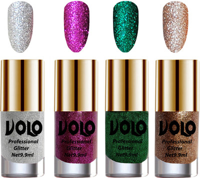 

Volo Professionally Used Glitter Shine Nail Polish Combo Pack of 4 Silver Glitter, Purple Glitter, Dark Green Glitter, Light Golden Glitter(Pack of 4)