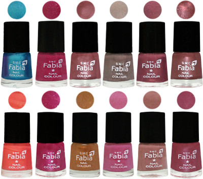 

Fabia Premium Shine & Glossy Nail Polish Collection Shades (12 Pcs Combo) Denim-Hot Magenta-Lip-Light Beige-Dusty Pink-Dark Red Chrome-Peach-Light Magenta-Golden -Light Plum-Nude-Pink Maroonish(Pack of 12)