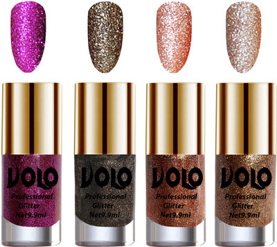 

Volo Professionally Used Glitter Shine Nail Polish Combo Pack of 4 Purple Glitter, Dark Grey Glitter, Peach Glitter, Light Golden Glitter(Pack of 4)