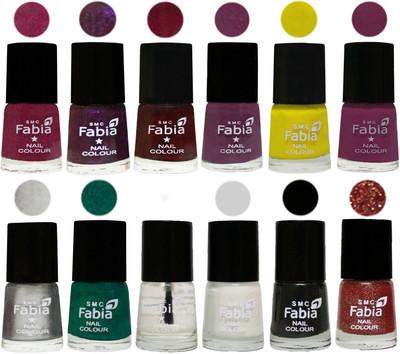 

Fabia Premium Collection 12 Piece Color Nail Polish Shades Rose Pink-Dark Purple-Royal Red-Brinjal Purple-Yellow-Light purple-Silver-Green-Top Coat-White-Black-Jerry Wine(Pack of 12)