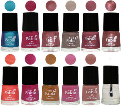 

Fabia Premium Collection 12 Piece Color Nail Polish Shades Denim-Hot Magenta-Lip-Light Beige-Dusty Pink-Dark Red Chrome-Peach-Light Magenta-Golden -Light Plum-Nude-Top Coat(Pack of 12)