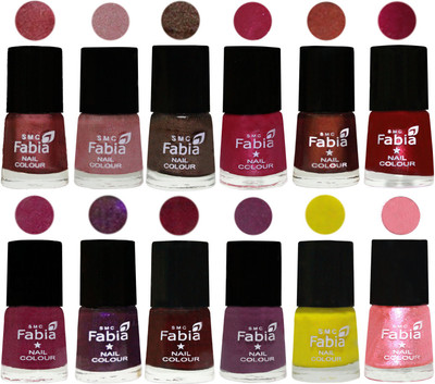 

Fabia Premium Shine & Glossy Nail Polish Collection Shades (12 Pcs Combo) Nude Pink-Light pink-Dark Brown-Cherry Pink-Berry-Dark Magenta-Rose Pink-Dark Purple-Royal Red-Brinjal Purple-Yellow-Jerry Peach(Pack of 12)