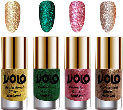 

Volo Professionally Used Glitter Shine Nail Polish Combo Pack of 4 Golden Glitter, Dark Green Glitter, Pink Glitter, Light Golden Glitter(Pack of 4)