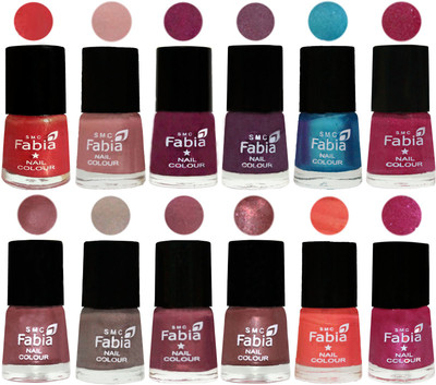 

Fabia Premium Lacquer Extra Shine Nail Polish Shades Of (12 Pcs Nail Polish) Red Orange-Shrimp Pastell-Cherry Blossom-Light Jam-Denim-Hot Magenta-Lip-Light Beige-Dusty Pink-Dark Red Chrome-Peach-Light Magenta(Pack of 12)