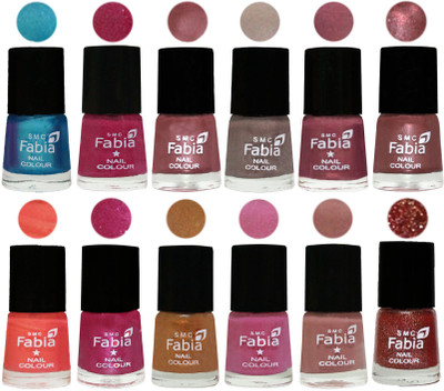 

Fabia Premium Collection 12 Piece Color Nail Polish Shades Denim-Hot Magenta-Lip-Light Beige-Dusty Pink-Dark Red Chrome-Peach-Light Magenta-Golden -Light Plum-Nude-Jerry Wine(Pack of 12)
